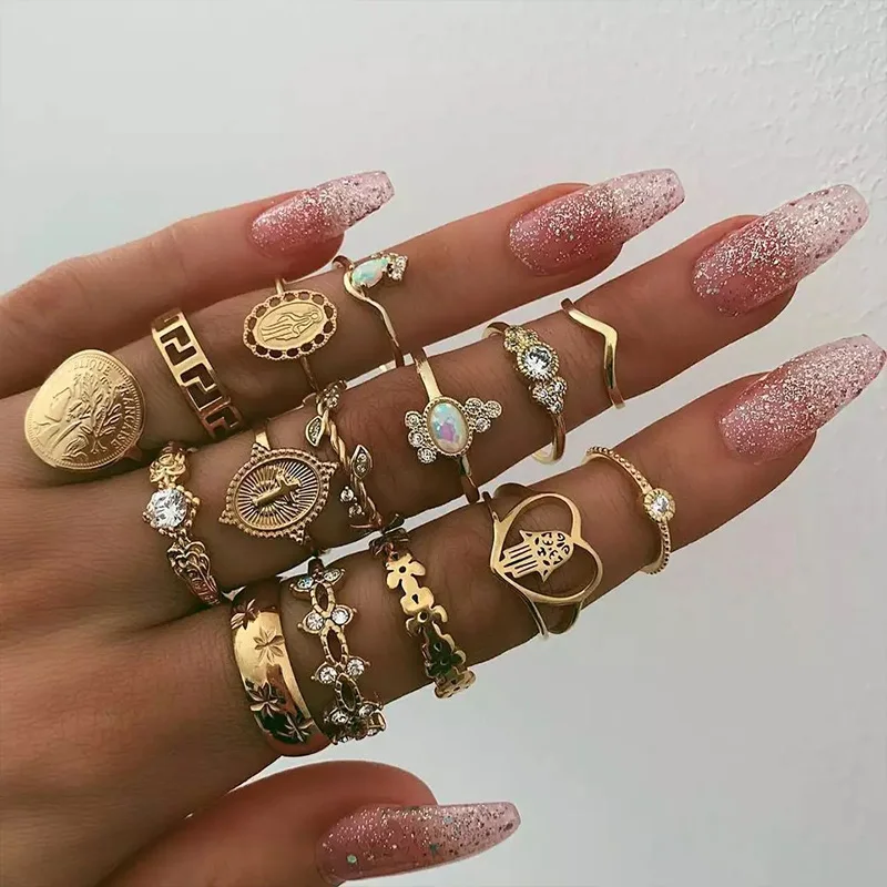 

Bohemian Gold Rings Set for Women Crystal Stone Snake Ring Portrait Metal Jewelry Flowers Sun Geometric Punk Style Accessories