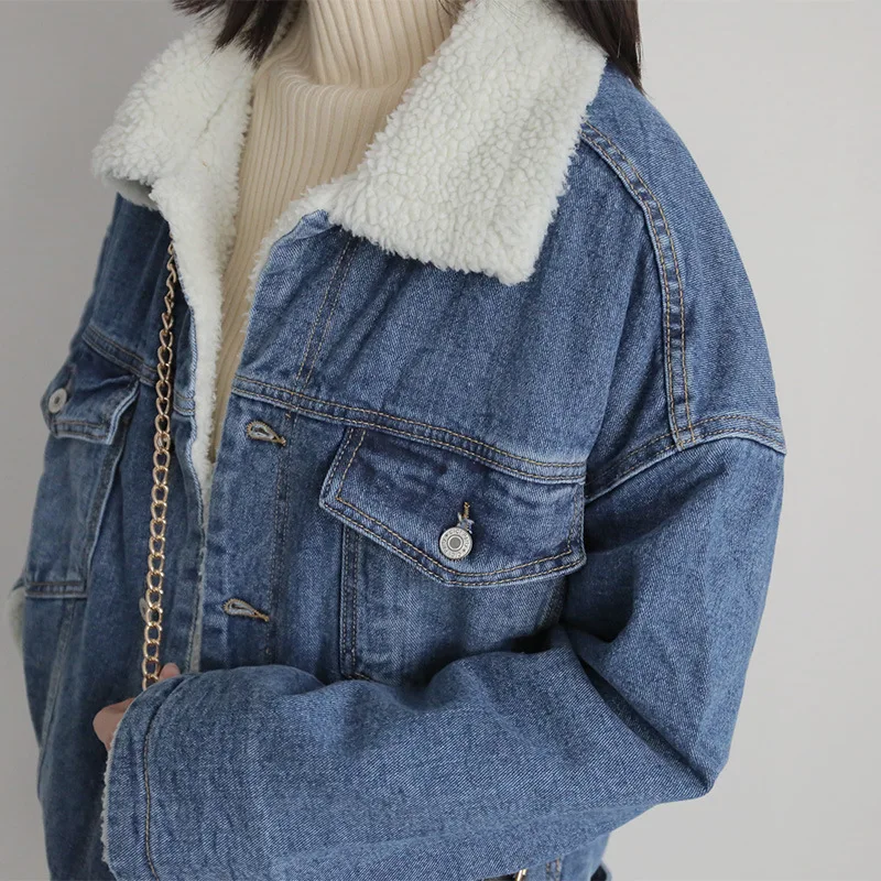 Женское джинсовое пальто из овечьей шерсти теплое с 4 карманами и длинными