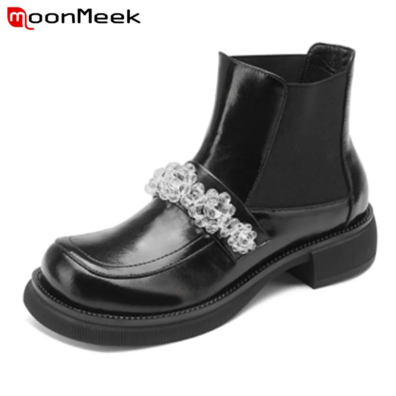 

MoonMeek 2021 New Fashion Casual Shoes Women Genuine Leather Shoes Autumn Winter Ankle Boots Low Heel Women Chelsea Boots