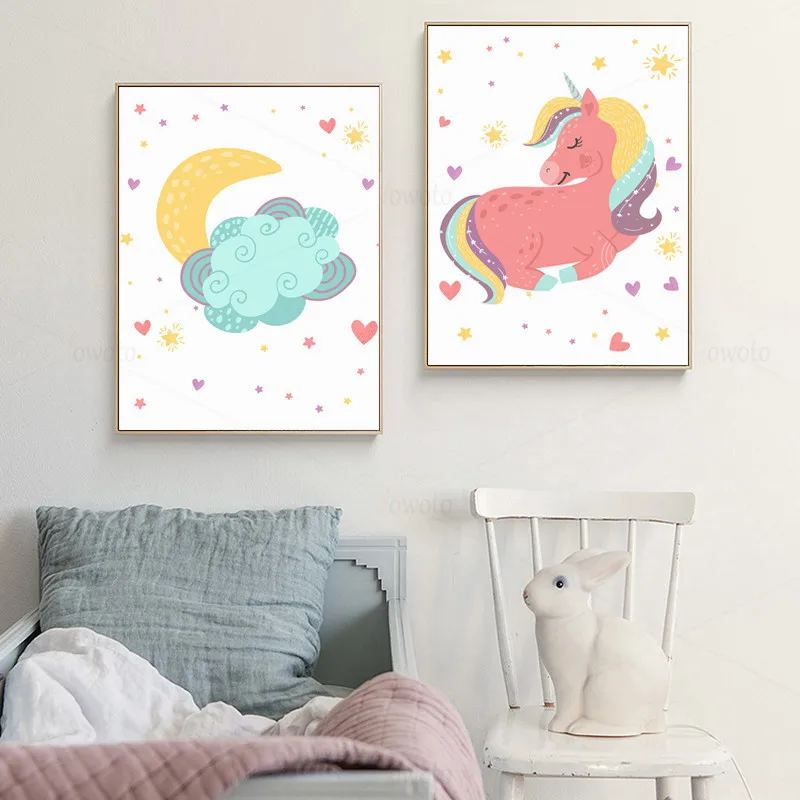Цвет желтый розовый Постер с единорогом Детская Wall Art фотографии принтом