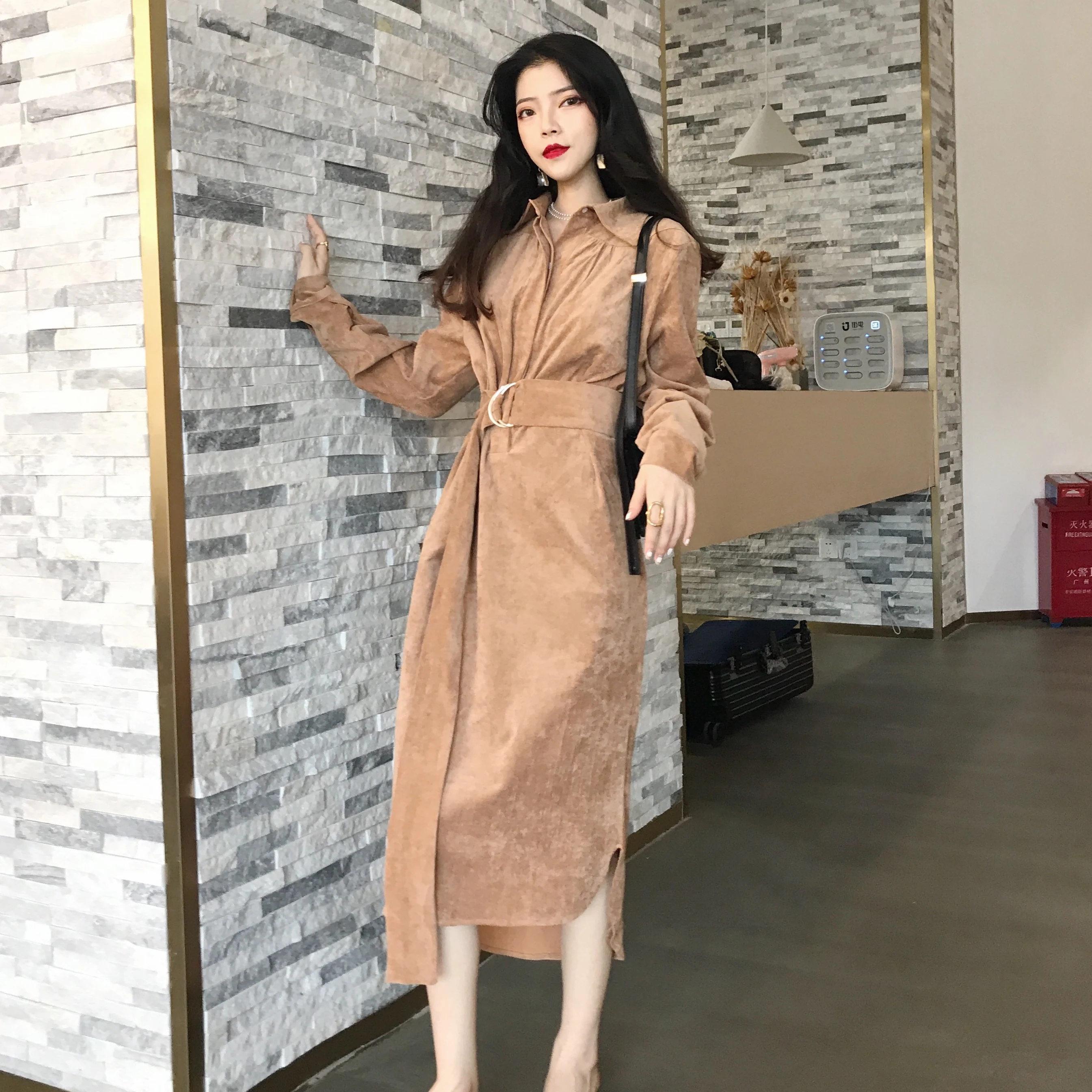 

Turn Down Collar A-Line Long Dresses With Sashes Women Corduroy Solid DressNew Autumn Winter Female High Waist