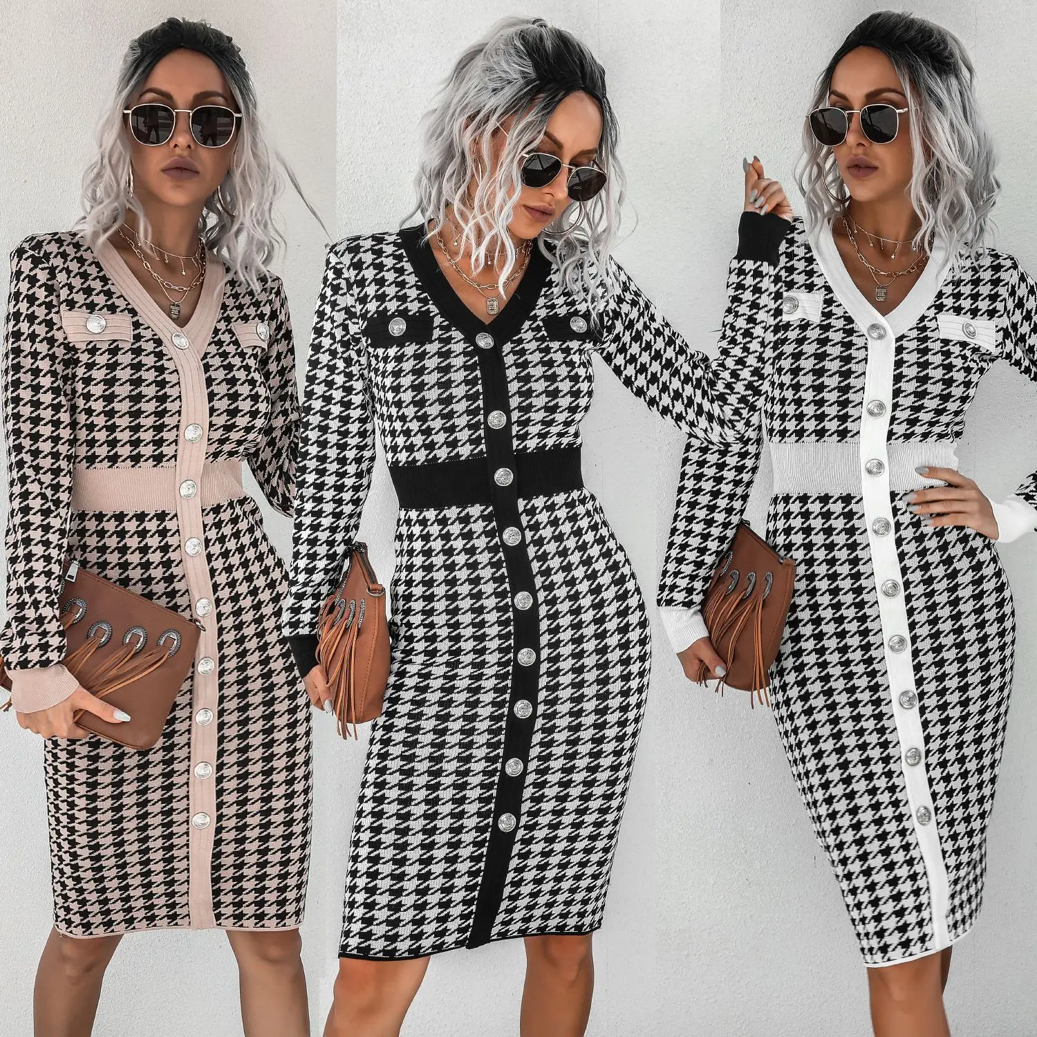 

Women's spring and autumn long sleeves Houndstooth Print Contrast Binding Buttoned Knit Dress Female Casual party fashion Dress