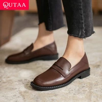 qutaa 2021 genuine leather square heel slip on ladies shoes spring autumn casual round toe basic women pumps big size 34 43