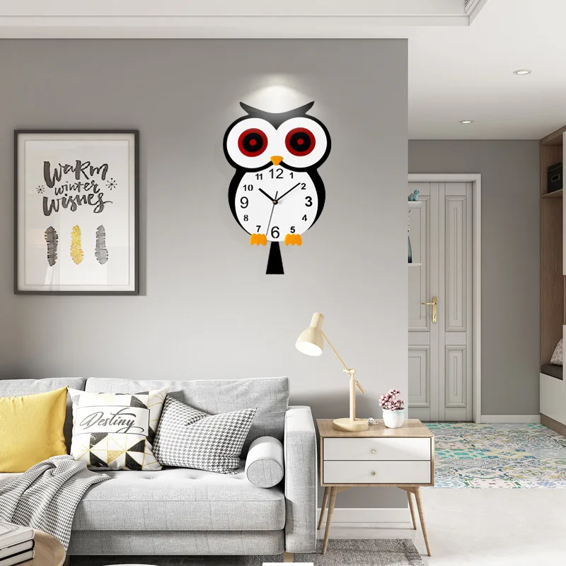 

Creativity Wall clock Owl design Stylish living room decoration Quartz Wall clock 30x49cm Wall Watch A gift Cartoon style G136