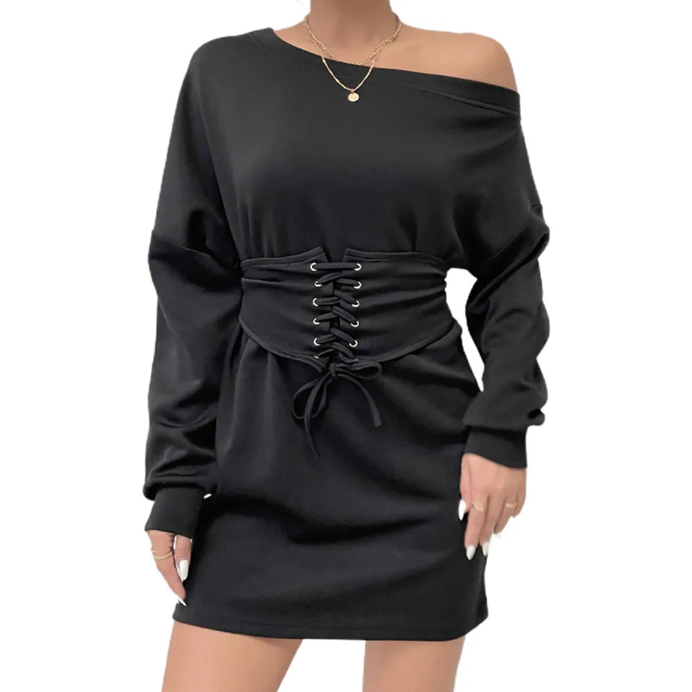 

One Piece Dress Women Autumn Off Shoulder Long Sleeve Mini Party Dresses Black Slim Bodycon Winter Club Ladies Fashion Clothing