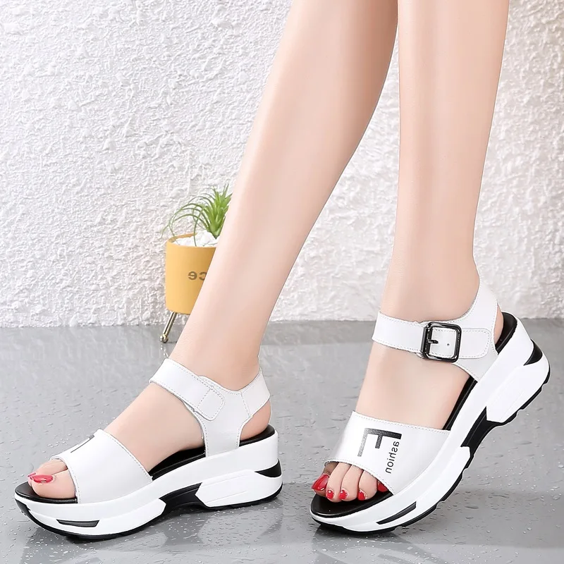 

Women Sandals Height Increasing Casual Shoes Summer Cow Leather Wedge Heel Fashion Buckles Light Comfort Antiskid Wear Resisting