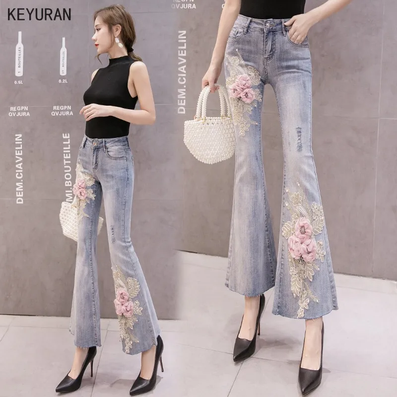 Женские джинсы с цветочной вышивкой Новые облегающие джинсовые брюки женские