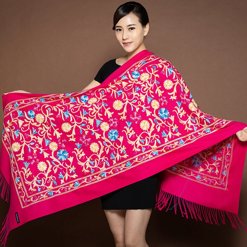 rose red 200*70 см женский вышитый цветок кашемировый шарф Пашмина зимний теплый шарф с кистями шаль модный шаль для путешествий шарфы - Цвет: rose red