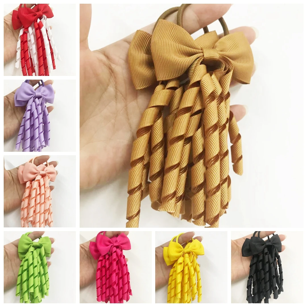 7*3.8 CM Grosgrain Ribbon Bowknot Baby Girls Elastic Hairband Curly Tassels Handmade Bows Toddler Headwear Clothing Decoration
