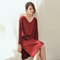 spring autumn new pure color v neck knitted cotton split nightdress sexy backless womens home wear can be worn out nightwear
