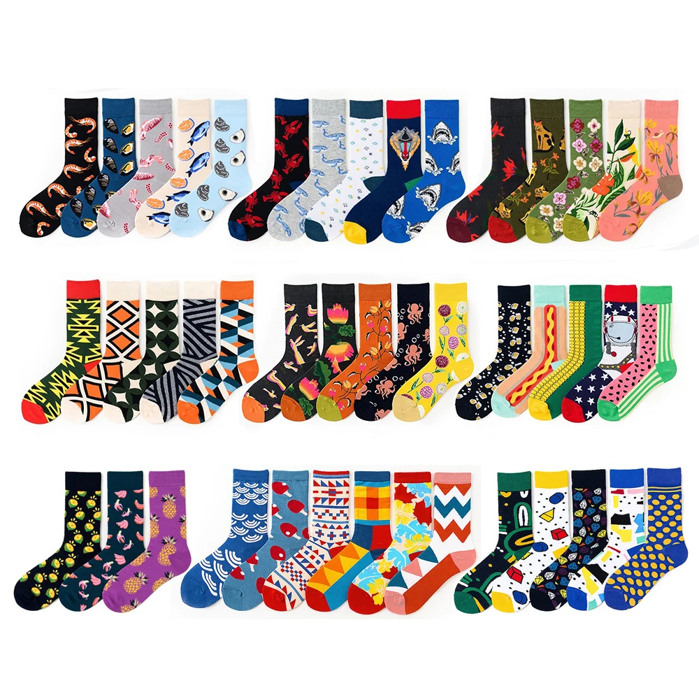 

5 Pairs Multi Patterns Men Crew Socks Colorful Happy Funny Street Fashion Harajuku Socks calcetines skarpetki Wedding Party Gift
