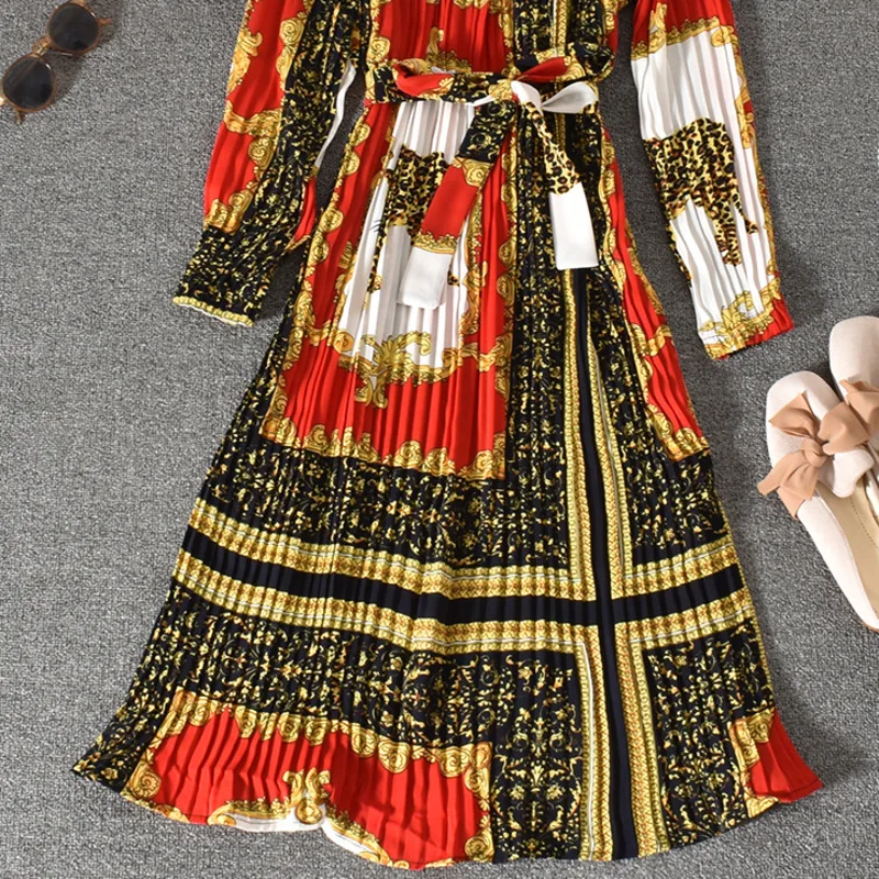 

IEQJ 2021 Spring Autumn New Pattern Hit Color Print Knee-length Stand-up Collar Women Retro Dress Loose large size 3AC053