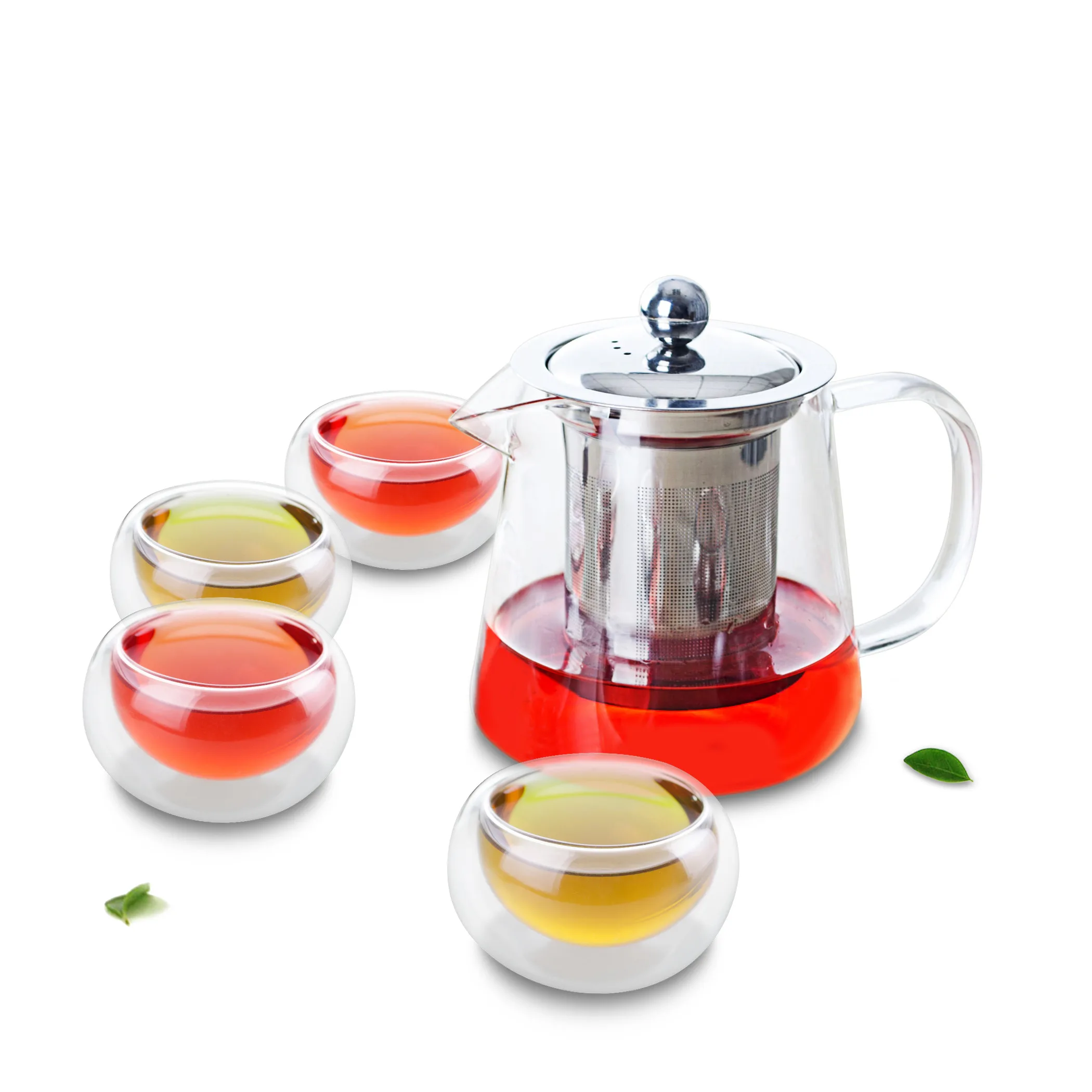 

5in1 Kung fu Coffee Tea Set-500ml Conic-shaped Glass Flower Tea Pot w/Stainless Steel Infuser Filter +4* Double Wall Layer Cup