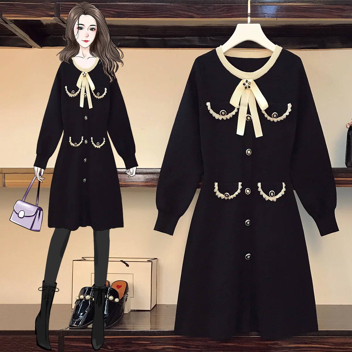 

Женское трикотажное платье с круглым вырезом, длинным рукавом