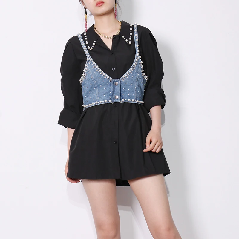

Casual Patchwork Pearl Set For Women Lapel Long Sleeve Shirt Denim Sashes Vest Korean Sets Female Fashion New 2021