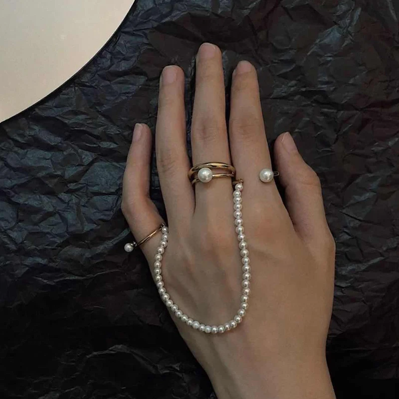 

Fashion Chain Finger Rings For Women Vintage Gold Color Copper Open Cuff Circle Pearl Knuckle Ring Korean Jewelry