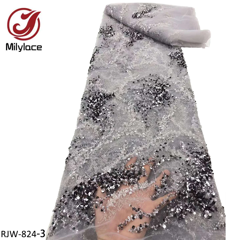 Tela de tul brillante de alta gama, con cuentas de lentejuelas pesadas, lujoso vestido de noche, RJW-824 de encaje franc&eacute;s-2