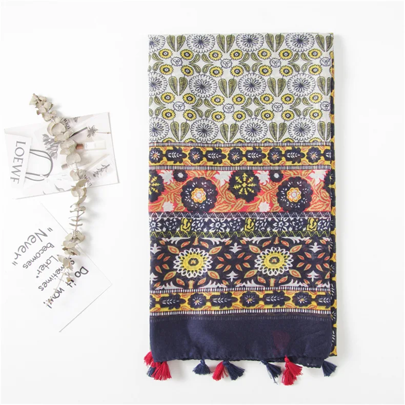 

2020 autumn and winter Popular printed silk scarves Women beach Sunscreen Shawl ethnic style High quality Cotton and hemp scarf