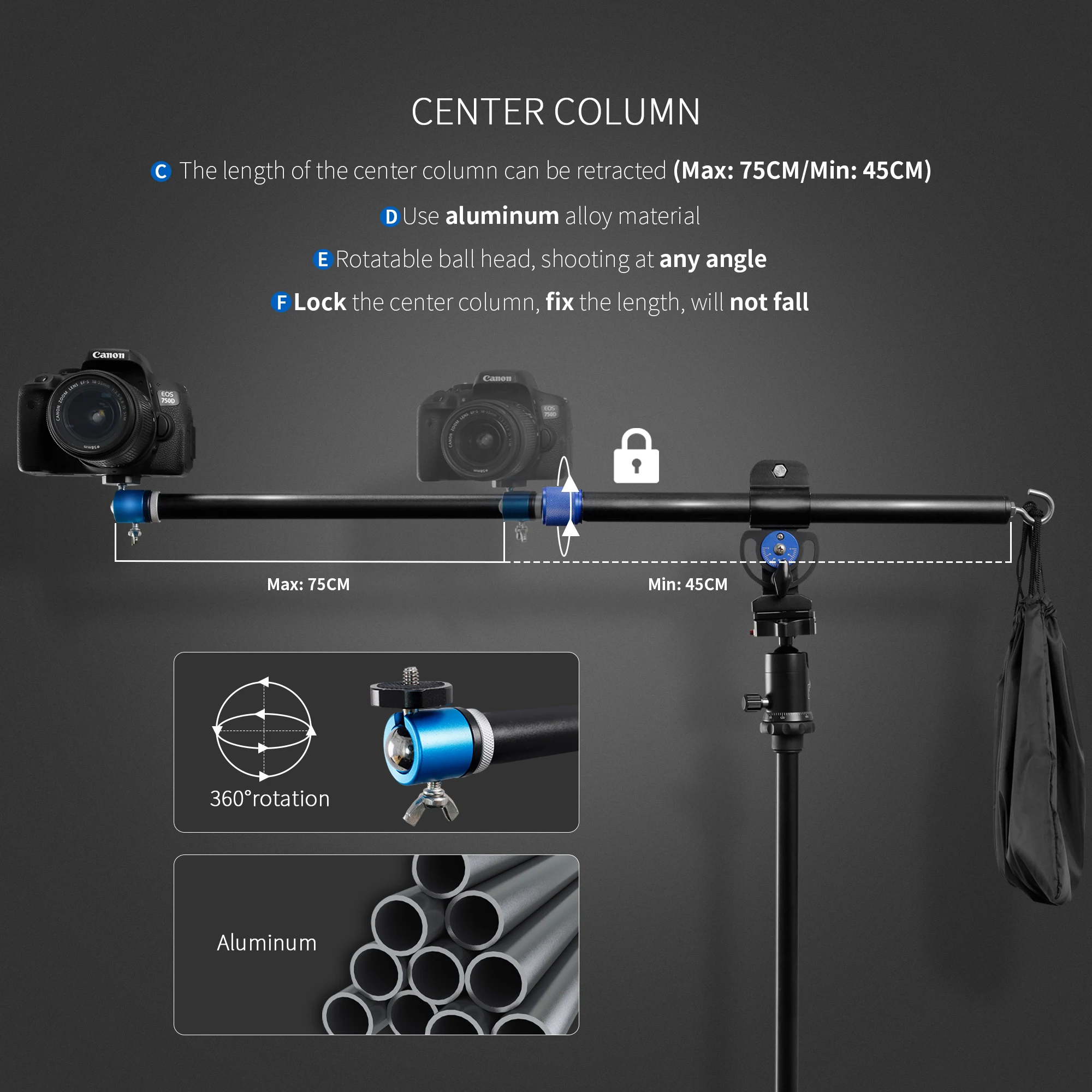 CM80 Camera Smartphone Overhead Mount Stand Adjustable 30" Pole Tripod Extension Arm with Ball Head center column | Электроника