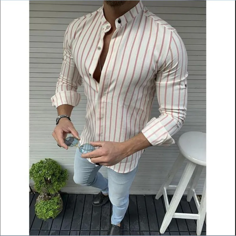 

Mens Shirt Tops Long Sleeve Stripe Cotton Blend Button Stand Collar Fashion Slim Shirt Tops Autumn Business Casual Shirt Men New