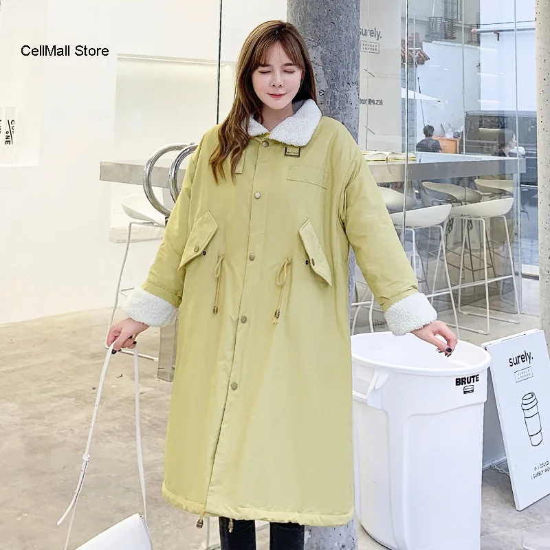 

Женская Длинная зимняя куртка, однотонная Толстая куртка оверсайз с отложным воротником и хлопковой подкладкой, повседневные женские парк...