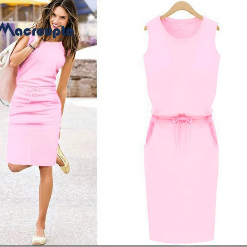 

Women Fashion Solid Holiday Sleeveless Pockets Lace-up Pencil Sundress Ladies Summer Beach Casual Party Plus Size