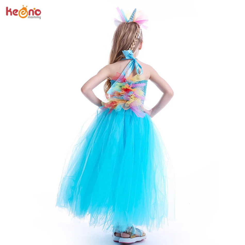 Blue Girls Tutu Dress Flower Unicorn Headband Baby Fluffy Tulle Robe Kids Girl Performance Halloween Costume Vestidos Clothes | Детская