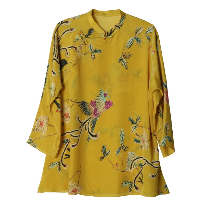 

Irreplaceable Temperament in Wardrobe Chinese Style Qipao Collar Silk Middle Sleeve Printed Shirt 320