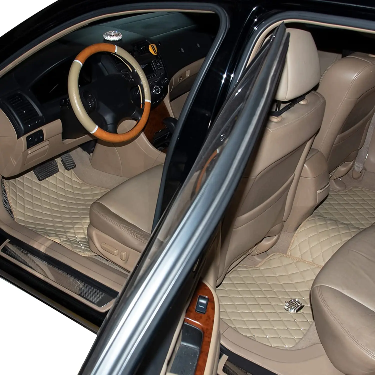 Beige Pu Leather Floor Mats for Car SUV & Truck 5 Pack/Set (Front Rear) Duty Protection Automotive Cushion Crown Diamond Decor |