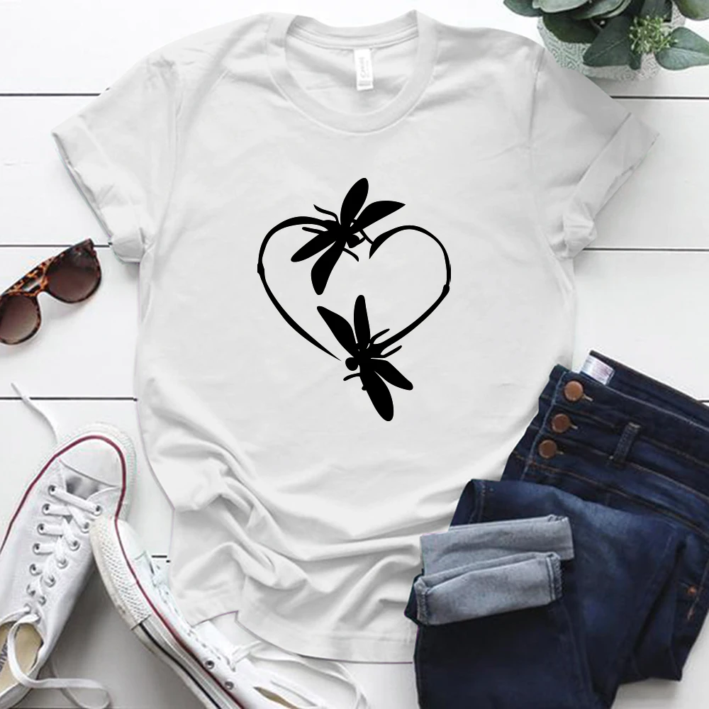 

Dragonfly Love Heart Printed Tshirt Women Round Neck Casual Summer Women Shirts Graphic Tee Shirts Tops Clothes Camisetas Mujer