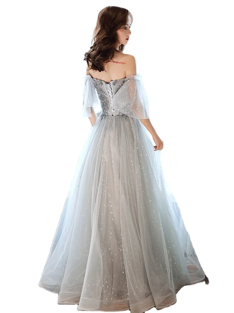 

A word shoulder evening dress skirt female temperament elegant dust dream host long dress sexy show thin