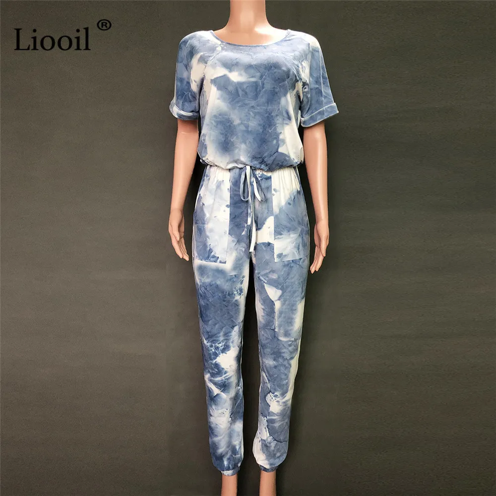 

Print Tie Dye Jumpsuits Women Short Sleeve O Neck Lace Up 2021 Causal Rompers With Pockets Ladies Summer Overalls Bodysuits