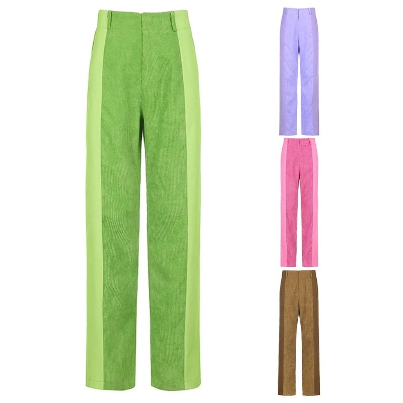 

X5XD женские осенние высокие на талии для девочек, вельветовые штаны в стиле пэчворк Harajuku 90s ярких цветов Цвет прямые штаны свободного кроя Ул...