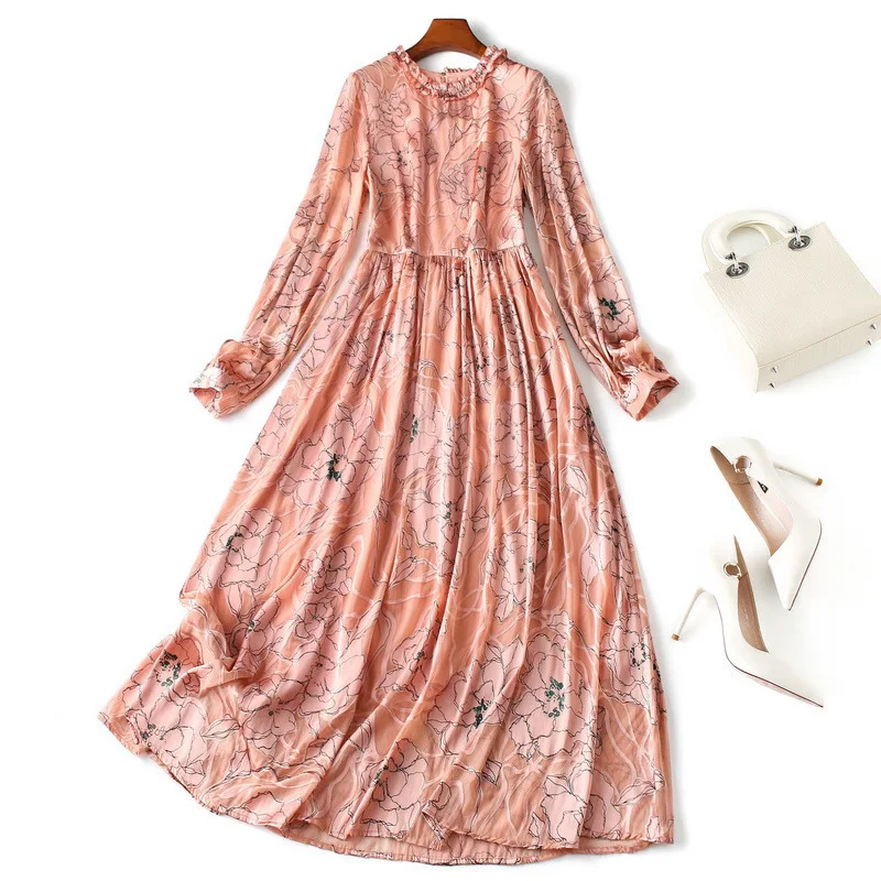 Шелковое платье осень г. Новое Вшитое кружево платье с длинными рукавами и принтом, облегающие и расклешенные длинные платья