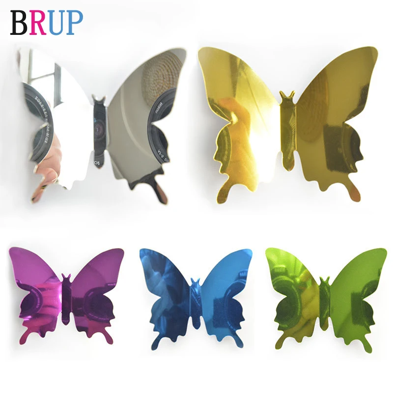 12 шт./лот 3D зеркала бабочки настенные наклейки Свадебные серебряные красивые для