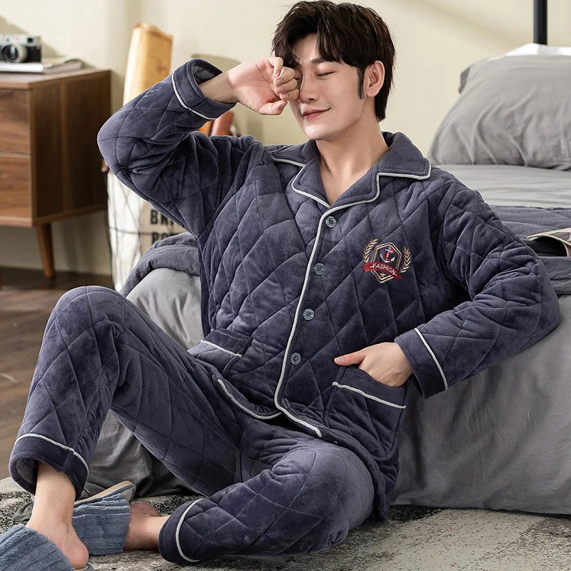 Sleeping Suit for Men Button Up Pajama Set Turn Down Collar Plus Size Pajamas Flannel Thicken Winter Warm Sleepwear Homewear