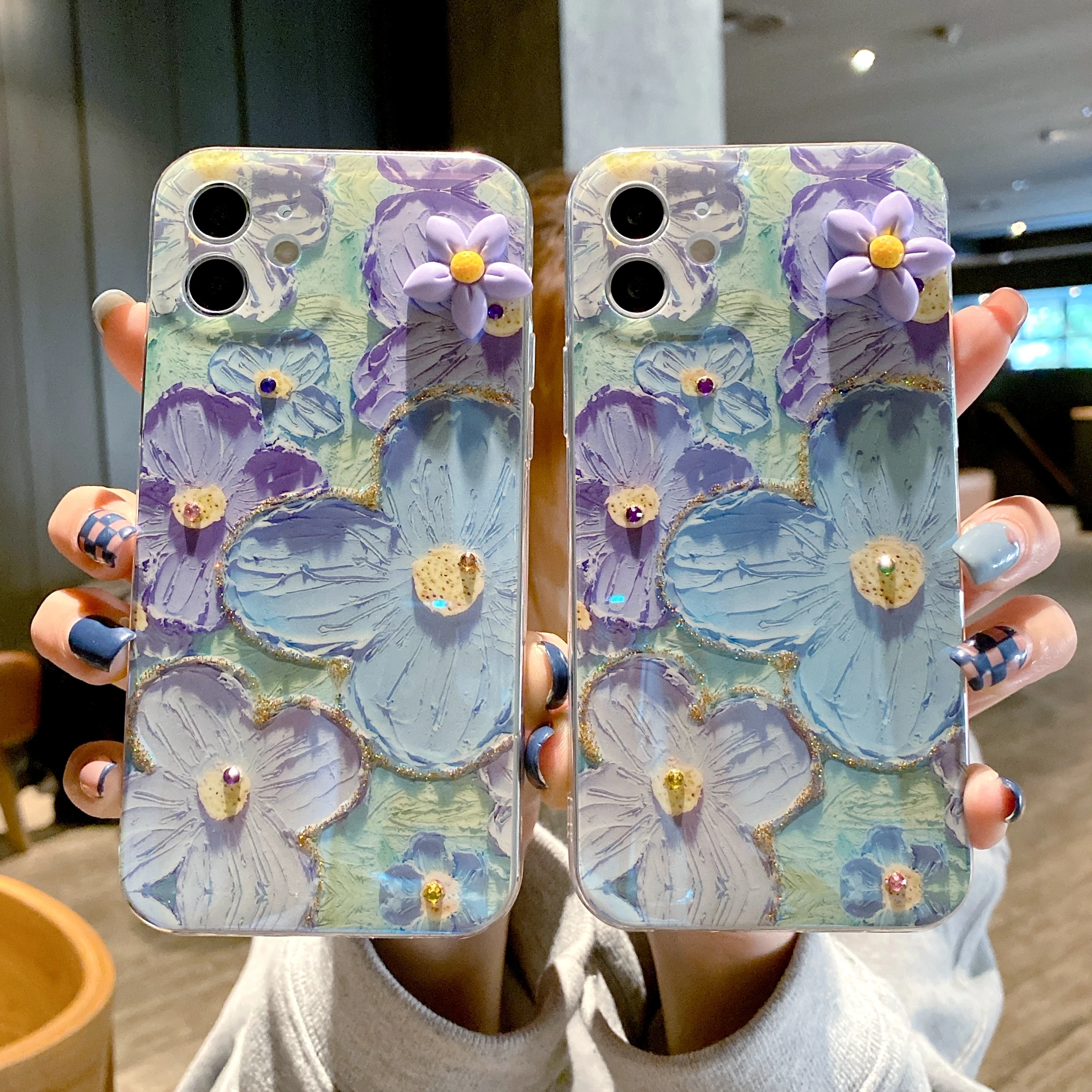 

Fashion Turntable Flowers Silicone Case For Xs 11 Xr Xsmax 13 Pro Max 12 PLUS 8 SE 7 6S Blu-ray Protective Sleeve With Diamond