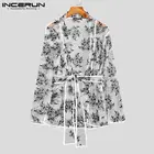 Мужская прозрачная сетчатая рубашка с принтом, домашняя одежда с открытым стежком, топы с длинным рукавом и поясом, уличная одежда, 2022, пикантные повседневные рубашки, INCERUN