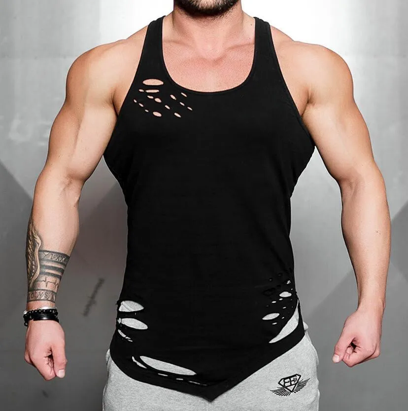 

Sports Fitness Men‘s Leisure Outdoor Ripped Cotton Neck Vest Summer New Mens Running Training Gym Clothes Thin T-shirt -40