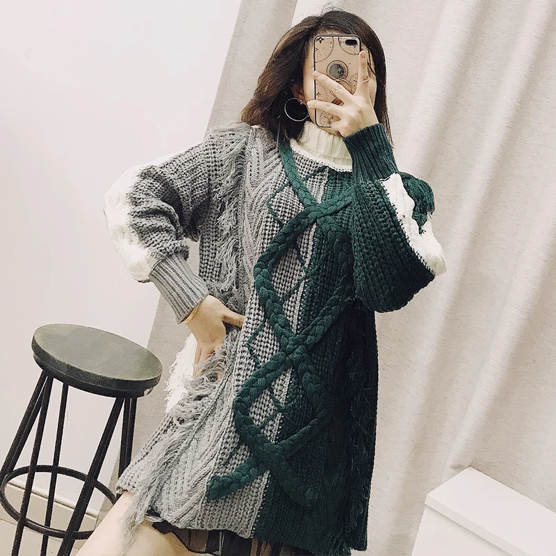 LANMREM 2020 Новая мода хит цвет лоскутное кисточкой свитер женский длинный рукав