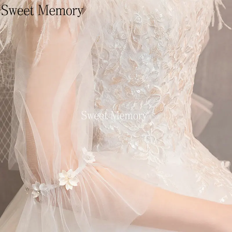 

Bride Dress Boat Neck Elegant Woman Feather Embroidery Lace Up Luxury Long Wedding Dresses 2021 Plus Size Floor Length Vestidos