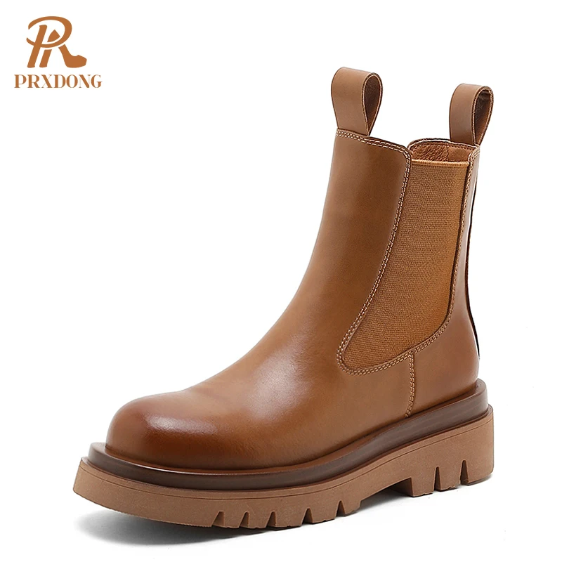 

Genuine Leather Chelsea Boots 2021 New Women Shoes High Heel Thick Platform Casual Korean Style Fashion Female Footwear Girls 39