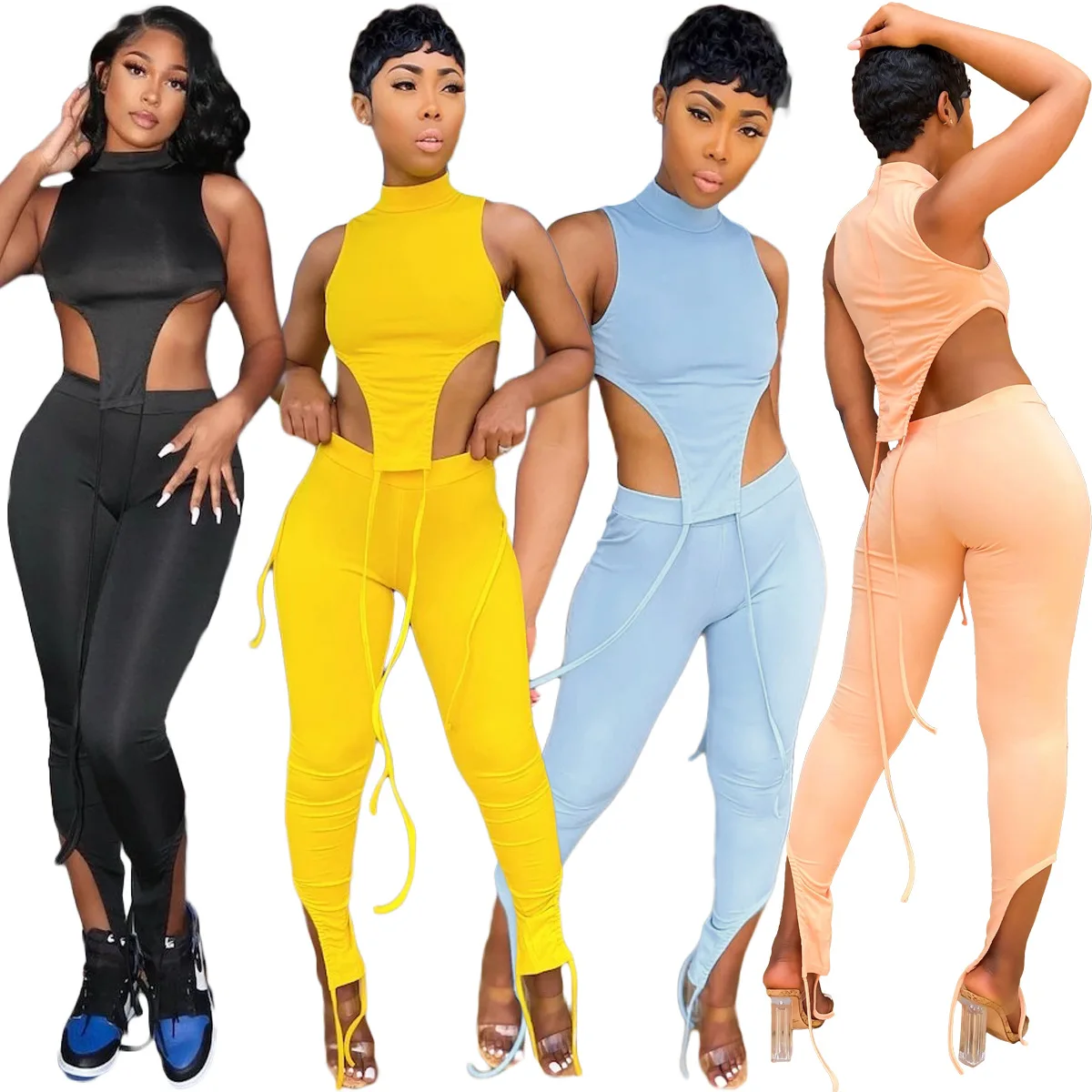 

Women 2 Piece Outfit Summer Solid Bodycon Crop Top High Waist Pants Set Sheath Sleeveless Turtleneck Tops Long Pants