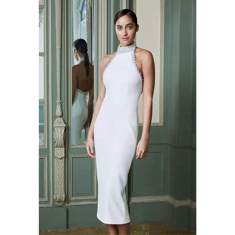 

Sexy Halter Sleeveless Beading White Dress Women Summer Casual Slim Party Dress 2021 Femme French Vestidos Long Robe 30272