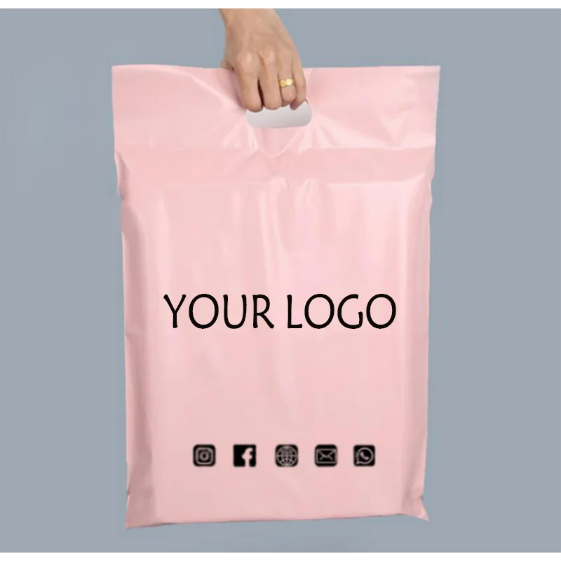 100Pcs Personnalisés Pink Sacs De Poignée  Sac De Rangement En Plastique Poly Enveloppe Sacs Postaux Logo De Marque Personnalisé