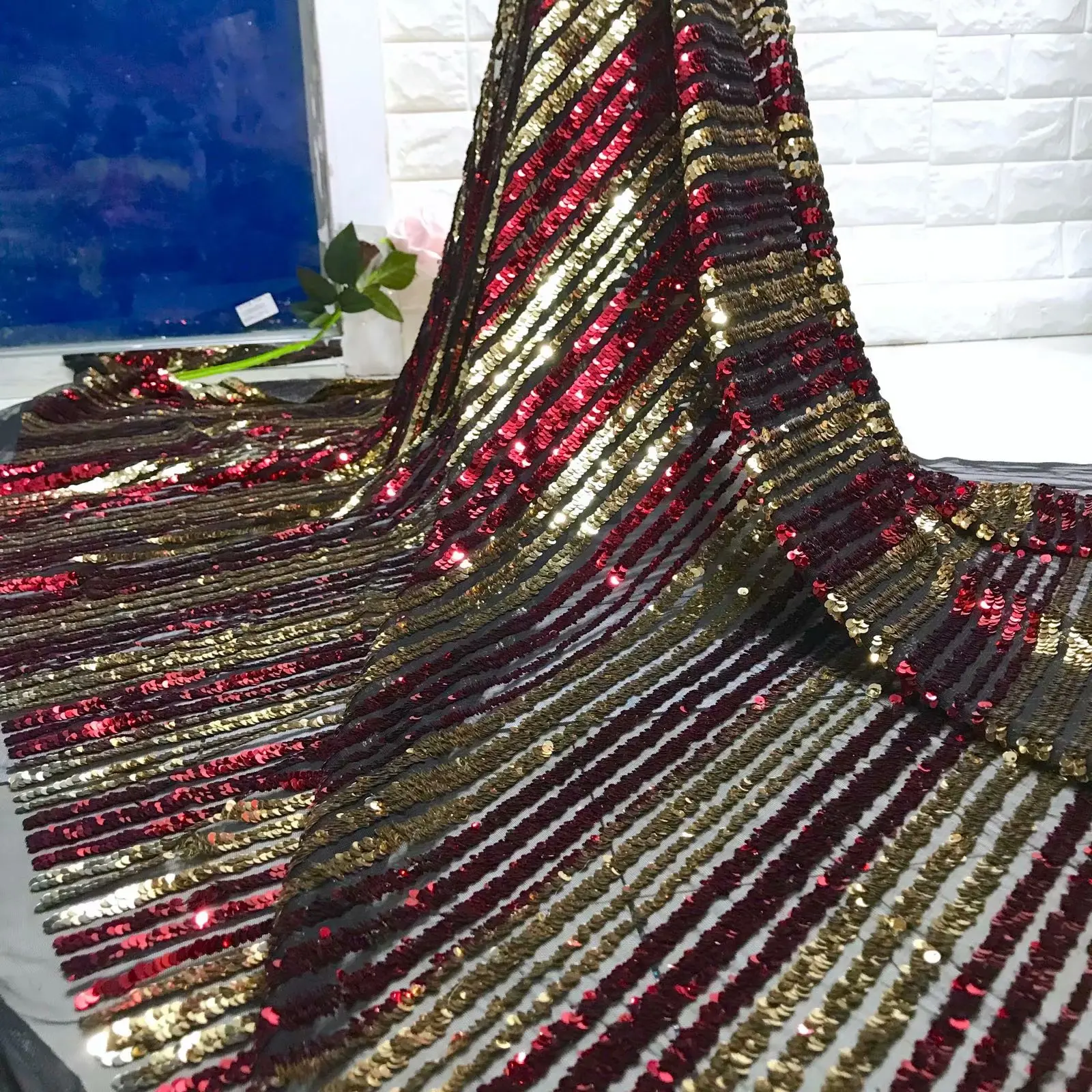 Beautifical Net african lace fabrics New arrival 5 centimeter two-tone sequins embroidery net lace fabric for dress ML5N576