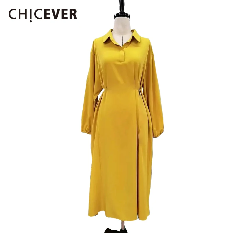 

CHICEVER повседневное желтое свободное платье для женщин с отложным воротником и длинным рукавом, высокая талия, однотонные миди платья для жен...