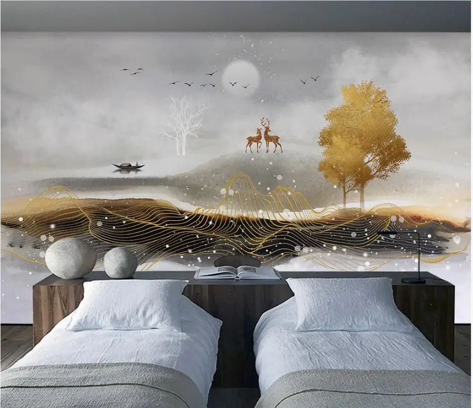 Обои на заказ, 3d Фреска, китайский свет, роскошные чернила, художественный пейзаж, вода, дерево богатства, лось, фон, обои