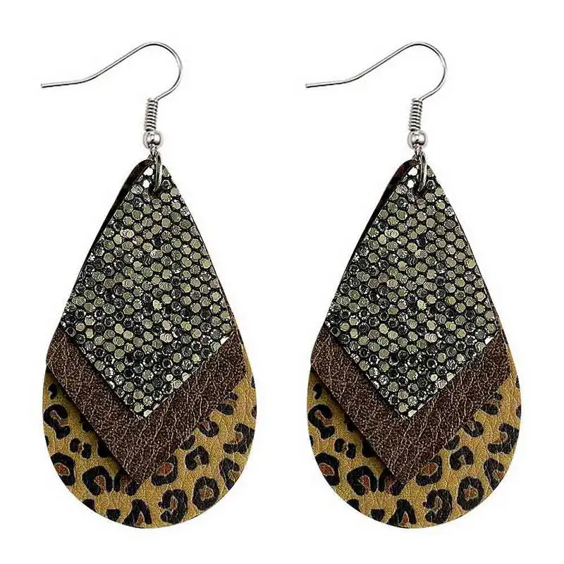 

E7730 ZWPON Multilayer Vegan Leather Leopard Earrings 2020 Geometric Stack Kite Teardrop Earrings Jewelry Wholesale