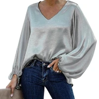 dropshippingwomen blouse solid color lantern long sleeve simple satin v neck autumn blouse streetwear